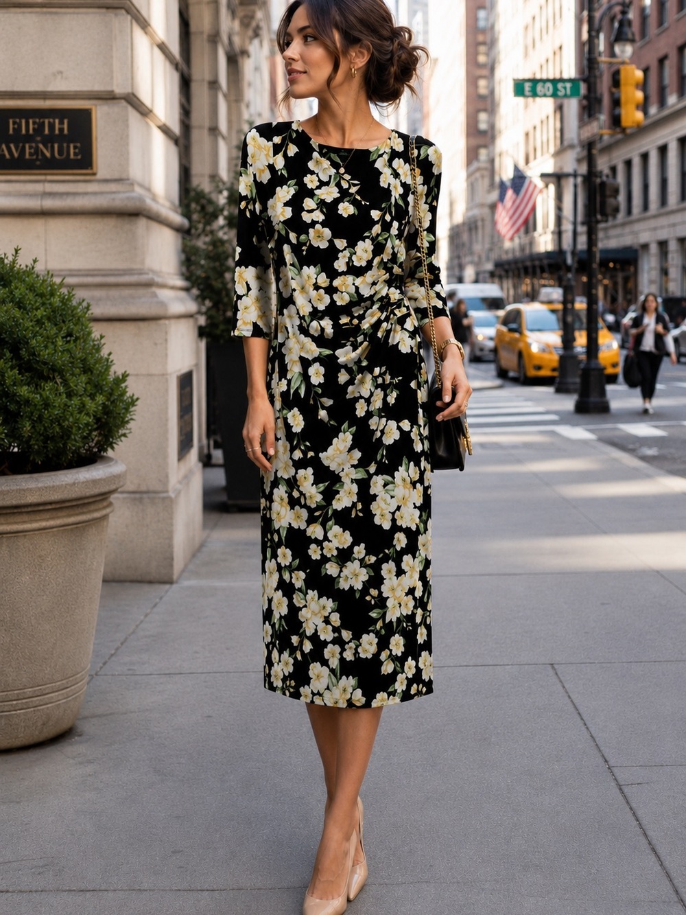 Lauren Ralph Lauren Black Floral Ruched-Side Women's knee length Dress 12